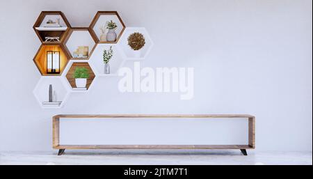 Sechseckiges Holzregal japanisch auf Wandhintergrund.3D Rendering Stockfoto