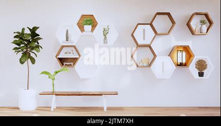 Sechseckiges Holzregal japanisch auf Wandhintergrund.3D Rendering Stockfoto