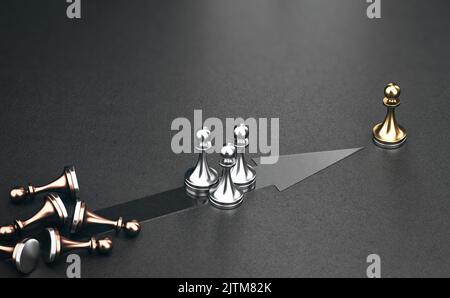 3D Darstellung von goldenen, silbernen und bronzenen Bauern auf schwarzem Hintergrund. Konzept der Führungsstrategie und des Wettbewerbsvorteils. Stockfoto