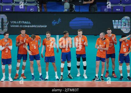 LJUBLJANA, SLOWENIEN - 31. AUGUST: Niederländische Mannschaft reagiert während der Volleyball-Weltmeisterschaft der Männer - Pool F - Vorbereitungsphase-Spiel zwischen den Niederlanden und dem Iran in der Arena Stozice am 31. August 2022 in Ljubljana, Slowenien (Foto: Borut Zivulovic/BSR Agency) Stockfoto