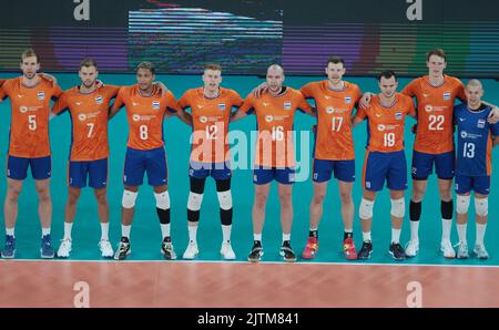 LJUBLJANA, SLOWENIEN - 31. AUGUST: Niederländische Mannschaft während der Volleyball-Weltmeisterschaft der Männer - Pool F - Vorbereitungsphase-Spiel zwischen den Niederlanden und dem Iran in der Arena Stozice am 31. August 2022 in Ljubljana, Slowenien (Foto: Borut Zivulovic/BSR Agency) Stockfoto