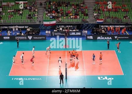 LJUBLJANA, SLOWENIEN - 31. AUGUST: Niederländische Spieler im Einsatz während der Volleyball-Weltmeisterschaft der Männer - Pool F - Vorbereitungsphase-Spiel zwischen den Niederlanden und dem Iran in der Arena Stozice am 31. August 2022 in Ljubljana, Slowenien (Foto: Borut Zivulovic/BSR Agency) Stockfoto