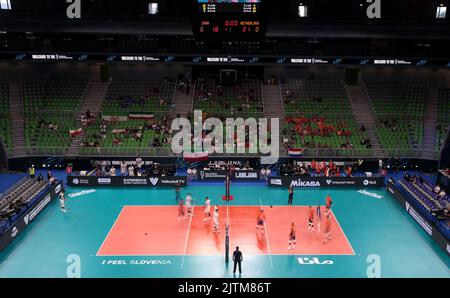 LJUBLJANA, SLOWENIEN - 31. AUGUST: Niederländische Spieler im Einsatz während der Volleyball-Weltmeisterschaft der Männer - Pool F - Vorbereitungsphase-Spiel zwischen den Niederlanden und dem Iran in der Arena Stozice am 31. August 2022 in Ljubljana, Slowenien (Foto: Borut Zivulovic/BSR Agency) Stockfoto