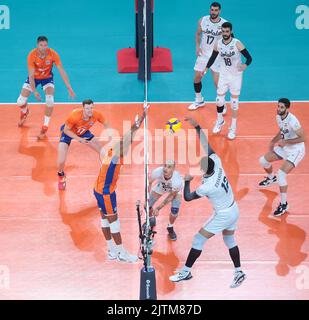 LJUBLJANA, SLOWENIEN - 31. AUGUST: Niederländische Spieler im Einsatz während der Volleyball-Weltmeisterschaft der Männer - Pool F - Vorbereitungsphase-Spiel zwischen den Niederlanden und dem Iran in der Arena Stozice am 31. August 2022 in Ljubljana, Slowenien (Foto: Borut Zivulovic/BSR Agency) Stockfoto