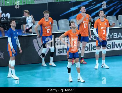 LJUBLJANA, SLOWENIEN - 31. AUGUST: Niederländische Spieler während der Volleyball-Weltmeisterschaft der Männer - Pool F - Vorbereitungsphase-Spiel zwischen den Niederlanden und dem Iran in der Arena Stozice am 31. August 2022 in Ljubljana, Slowenien (Foto: Borut Zivulovic/BSR Agency) Stockfoto