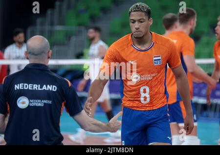 LJUBLJANA, SLOWENIEN - 31. AUGUST: Die Spieler der Niederlande feiern während der Volleyball-Weltmeisterschaft der Männer - Pool F - Vorbereitungsphase-Spiel zwischen den Niederlanden und dem Iran in der Arena Stozice am 31. August 2022 in Ljubljana, Slowenien (Foto: Borut Zivulovic/BSR Agency) Stockfoto