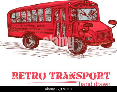 Handgezeichneter roter Retro-Bus isoliert auf weißem Hintergrund. Oldtimer-LKW im Sketch-Stil. Kunstdesign für Poster, Flayer, Banner. Abbildung Stock Vektor
