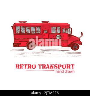 Handgezeichneter roter Retro-Bus isoliert auf weißem Hintergrund. Oldtimer-LKW im Sketch-Stil. Kunstdesign für Poster, Flayer, Banner. Abbildung Stock Vektor