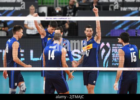 Italien feiert den Sieg über China. Volleyball-Weltmeisterschaft 2022. Stockfoto