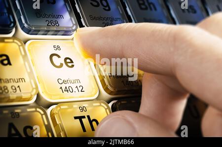 Finger drücken ein quadratisches Buton mit dem chemischen Element namens Cerium auf einem Periodensystem. Zusammengesetztes Bild zwischen einer illustration von 3D und einer Fotografie. Stockfoto