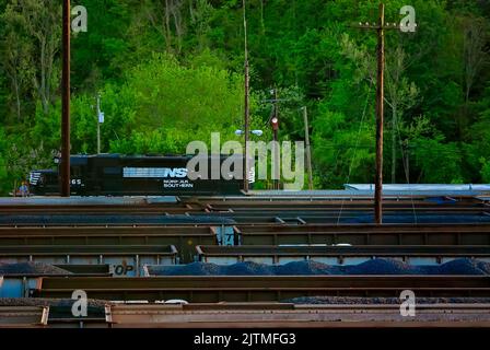 Norfolk Southern Train 6165 fährt am 28. April 2010 in Williamson, West Virginia, mit Kohle gefüllte Eisenbahnwaggons durch. Stockfoto