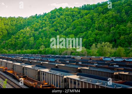 Die mit Kohle gefüllten Autos der Norfolk Southern Railway sind auf dem Williamson-Eisenbahnhof am 28. April 2010 in Williamson, West Virginia, abgebildet. Stockfoto