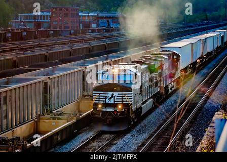 Norfolk Southern Train 9944 fährt am 28. April 2010 in Williamson, West Virginia, mit Kohle gefüllte Eisenbahnwaggons durch. Stockfoto