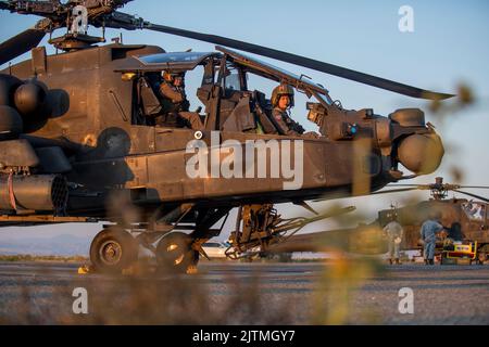 Dienstmitglieder der Peace Vanguard Republic of Singapore Air Force und der Arizona Army National Guard trainierten gemeinsam vom 21. Juli bis 29. August 2022 im Orchard Combat Training Center der Idaho National Guard und absolvierten Tag und Nacht AH-64 Apache-Luftwaffeneinsätze. Während des OCTC trainierten Peace Vanguard-Piloten und -Crews in verschiedenen Bereichen für die Qualifikation von Luft zu Boden und Luft zu Luft, einschließlich der Digital Air Ground Integrated Range. Die DAGIR ist eine von drei in der US-Armee und ermöglicht es Luft- und Bodengeräten, zusammen zu trainieren und gleichzeitig präzise und Echtzeit-Feedbacs zu erhalten Stockfoto