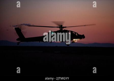 Dienstmitglieder der Peace Vanguard Republic of Singapore Air Force und der Arizona Army National Guard trainierten gemeinsam vom 21. Juli bis 29. August 2022 im Orchard Combat Training Center der Idaho National Guard und absolvierten Tag und Nacht AH-64 Apache-Luftwaffeneinsätze. Während des OCTC trainierten Peace Vanguard-Piloten und -Crews in verschiedenen Bereichen für die Qualifikation von Luft zu Boden und Luft zu Luft, einschließlich der Digital Air Ground Integrated Range. Die DAGIR ist eine von drei in der US-Armee und ermöglicht es Luft- und Bodengeräten, zusammen zu trainieren und gleichzeitig präzise und Echtzeit-Feedbacs zu erhalten Stockfoto