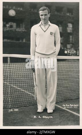 Vintage-Postkarte von Ronald Shayes, Davis-Cup-Tennisspieler in den Jahren 1938 und 1939. Er wurde während seines RAF-Trainings im Jahr 1940 getötet. Stockfoto