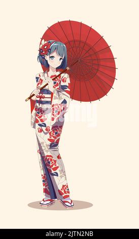 Anime Manga Mädchen in traditionellen japanischen Kimono Kostüm mit Papierschirm. Vektorgrafik auf isoliertem Hintergrund Stock Vektor