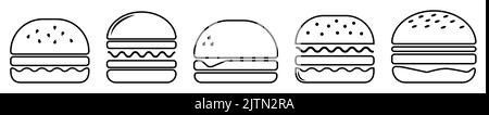 Burger-Symbol-Set. Symbole für lineare Umrisse. Vektordarstellung auf weißem Hintergrund isoliert Stock Vektor