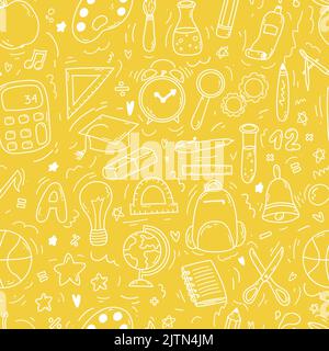 Handgezeichnetes Doodle-Nahtloses Muster mit Schulsymbolen auf orangefarbenem Hintergrund. Vektordarstellung von Vorräten, Back-to-School-Konzept für Print, Web und Stock Vektor