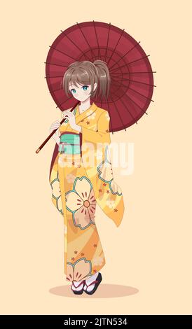 Anime Manga Mädchen in traditionellen japanischen Kimono Kostüm mit Papierschirm. Vektorgrafik auf isoliertem Hintergrund Stock Vektor