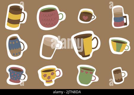 Große Tassen und Tassen für Tee oder Kaffee. Vektor-Illustration im Stil von Hand zeichnen und boho. Niedliche gemütliche Aufkleber und Cliparts für den Coffee Shop. Kaffeezeit. Teeparty. Kinderzeichnung. Stock Vektor