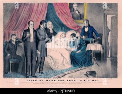 Ein Stich des Todes von William Henry Harrison 9. Präsident der Vereinigten Staaten. Er starb plötzlich nach nur 31 Tagen im Amt, was ihn zum kürzesten amtierenden Präsidenten in der Geschichte der USA machte. Es wurde angenommen, dass er an einer Lungenentzündung gestorben war, weil er bei seiner Amtseinführung erkältet wurde, aber neuere Studien deuten darauf hin, dass er an Typhus starb, nachdem er infiziertes Wasser getrunken hatte. Stockfoto