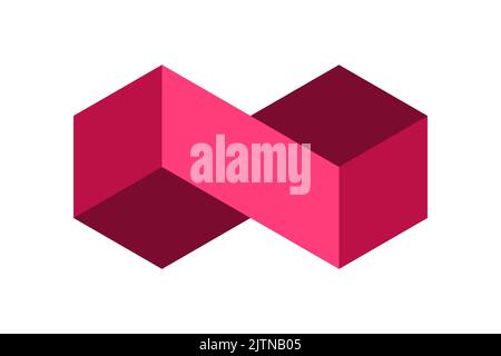 Rotes Infinity-Symbol aus Würfeln. Geometrisches rechteckiges ewiges Zeichen. 3D isometrische Projektion. Zwei Würfel verbunden. Sechseckige Logo-Vorlage. Vektor Stock Vektor