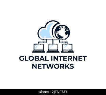 Globale Internet-Netzwerke, Computer, Cloud-Server und Planet Erde, Logo-Design. Netzwerkanschluss, Kommunikationstechnik, Telekommunikation Stock Vektor