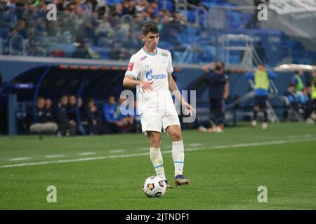 St. Petersburg, Russland. 31. August 2022. Zelimkhan Bakaev (Nr.7) von Zenit im Einsatz während des Fußballspiels der russischen Meisterschaft 2022/2023 zwischen Zenit Sankt Petersburg und Fakel Voronezh in der Gazprom Arena. Endergebnis: Zenit 2:0 Fakel. Kredit: SOPA Images Limited/Alamy Live Nachrichten Stockfoto