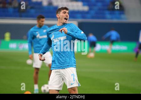 St. Petersburg, Russland. 31. August 2022. Zelimkhan Bakaev (Nr.7) von Zenit, gesehen während des Fußballspiels der russischen Fußball-Meisterschaft 2022/2023 zwischen Zenit Sankt Petersburg und Fakel Voronezh in der Gazprom Arena. Endergebnis: Zenit 2:0 Fakel. Kredit: SOPA Images Limited/Alamy Live Nachrichten Stockfoto