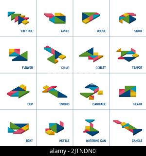 Tangram Puzzle. Satz von Tangram-isometrischen Objekten. Stock Vektor