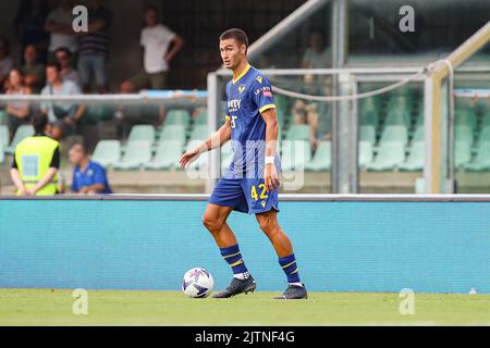 Foto StefanoNicoli/LaPresse 28 Agosto 2022 - Verona, Italia - Sport, calcio - Hellas Verona vs Atalanta - Campionato italiano di calcio Serie A Tim 2022/2023 - Stadio Marcantonio Bentegodi. Nella foto: Diego Coppola 28. August 2022 Verona, Italien - Sport, calcio - Hellas Verona vs Atalanta - Italienische Serie A Fußballmeisterschaft 2022/2023 - Marcantonio Bentegodi Stadium. Im Bild: Diego Coppola Stockfoto