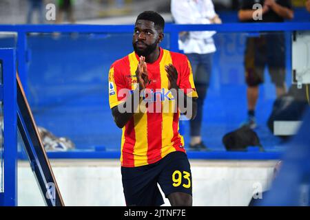 Foto Giovanni Evangelista/LaPresse 28 Agosto 2022 Lecce, Italia - Sport, calcio - U.S. Lecce vs Empoli F.C. - CampionatoSerie A Tim 2022/23 - Stadio E. Giardiniero - Via del Mare. Nella foto: Samuel UmtitiAugust 28, 2022 Lecce, Italien - Sport, Fußball - U.S Lecce vs Empoli F.C. - Italienische Meisterschaft Serie A Tim 2022/23- E. Giardiniero - Via del Mare Stadium. Im Bild: Samuel Umtiti Stockfoto