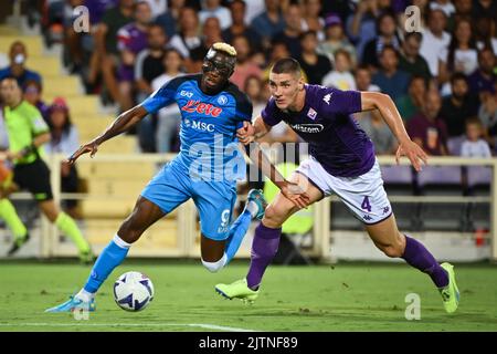 Foto Massimo Paolone/LaPresse 28 Agosto 2022 - Firentre, Italia - Sport, calcio - Fiorentina vs Napoli - Campionato italiano di calcio Serie A Tim 2022/2023 - Stadio Artemio Franchi. Nella foto: Victor Osimhen (SSC Napoli) in azione contrastato da Nikola Milenkovic (ACF Fiorentina) 28. August 2022 Florenz, Italien - Sport, calcio - Fiorentina vs Napoli - Italienische Serie A Fußballmeisterschaft 2022/2023 - Artemio Franchi Stadion. Im Bild: Victor Osimhen (SSC Napoli) kämpft mit Nikola Milenkovic (ACF Fiorentina) um den Ball Stockfoto