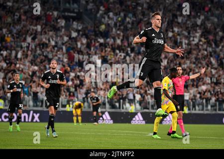 31 Agosto 2022 - Turin, Italien - Sport, calcio - Juventus vs Spezia - Campionato italiano di calcio Serie A Tim 2022/2023 - Juventus Stadium. Nella foto:Arkadiusz Milik (Juventus F.C.);esulta dopo la rete 2-0 31. August 2022 Turin, Italien - Sport, calcio - Juventus vs Spezia - Italienische Serie A Fußballmeisterschaft 2022/2023 - Juventus Stadium. Im Bild: Arkadiusz Milik (Juventus F.C.); feiert nach gol 2-0 Stockfoto