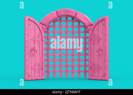 Pink Medieval Arch Stone Blocks Castle Gate mit Metallgitter im Duotone-Stil auf blauem Hintergrund. 3D Rendering Stockfoto