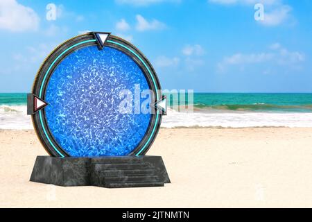 Stone Space Gate Portal zu einer anderen Welt und Universum auf einem Ozean oder Meer Sand Beach extreme Nahaufnahme. 3D Rendering Stockfoto