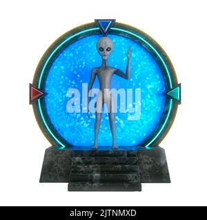 Alien Character Person Silhouette vor dem Stone Space Gate Portal zu anderen Welten und Universum auf weißem Hintergrund. 3D Rendering Stockfoto