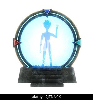 Alien Character Person Silhouette Zurück vom Stone Space Gate Portal zu einer anderen Welt und einem Universum auf weißem Hintergrund. 3D Rendering Stockfoto