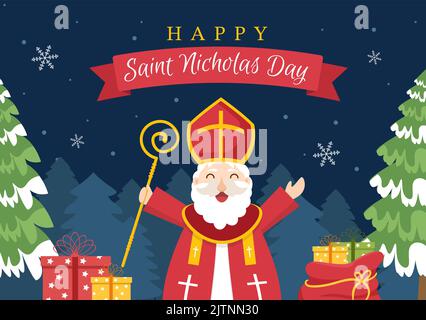 St. Nikolaus Tag oder Sinterklaas-Fest-Vorlage Handgezeichnete Cartoon flache Illustration mit Geschenkbox und Winter-Hintergrunddesign Stock Vektor