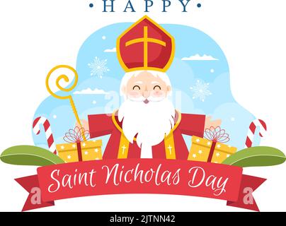 St. Nikolaus Tag oder Sinterklaas-Fest-Vorlage Handgezeichnete Cartoon flache Illustration mit Geschenkbox und Winter-Hintergrunddesign Stock Vektor
