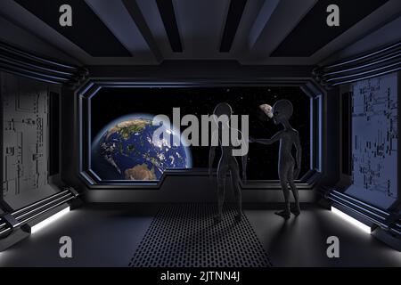 Aliens in Alien Raumschiff Zimmer Innenraum mit Blick auf Raum und Erde Planet extreme Nahaufnahme. Elemente dieses Bildes, die von der NASA eingerichtet wurden. 3D Rendering Stockfoto