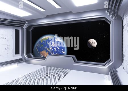 Raumschiff White Room Innenraum mit Blick auf Raum und Erde Planet extreme Nahaufnahme. Elemente dieses Bildes, die von der NASA eingerichtet wurden. 3D Rendering Stockfoto