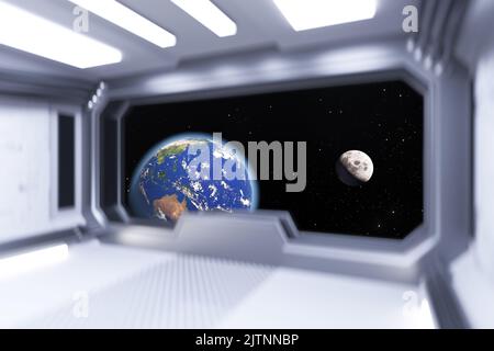 Raumschiff White Room Innenraum mit Blick auf Raum und Erde Planet extreme Nahaufnahme. Elemente dieses Bildes, die von der NASA eingerichtet wurden. 3D Rendering Stockfoto