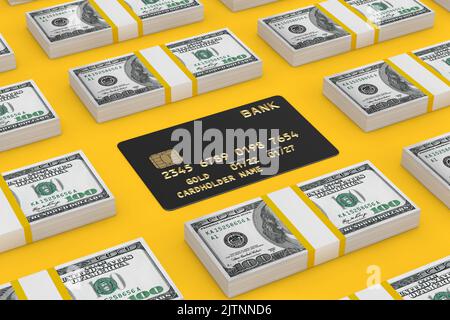 Reihen von Isometric Stack hundert Dollar Scheine mit schwarzem Kunststoff Golden Kreditkarte mit Chip auf einem gelben Hintergrund. 3D Rendering Stockfoto