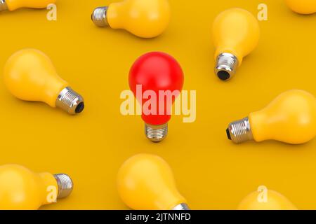 Ideenkonzept. Eine rote Glühbirne in „Heap of Yellow Light“ auf gelbem Hintergrund. 3D Rendering Stockfoto