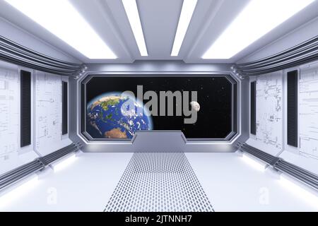 Raumschiff White Room Innenraum mit Blick auf Raum und Erde Planet extreme Nahaufnahme. Elemente dieses Bildes, die von der NASA eingerichtet wurden. 3D Rendering Stockfoto