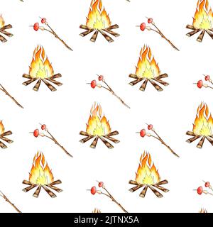 Aquarell-Illustration eines Musters aus Lagerfeuer und Pilzen auf einem Stock. Braten Sie auf einem offenen Feuer. Für die Gestaltung von Designkompositionen zum Thema o Stockfoto