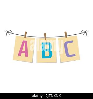 ABC-Buchstaben auf Papier hängen an einem Seil, Vektor isoliert Illustration. Stock Vektor