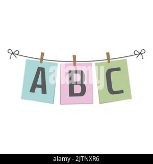 ABC-Buchstaben auf Papier hängen an einem Seil, Vektor isoliert Illustration. Stock Vektor